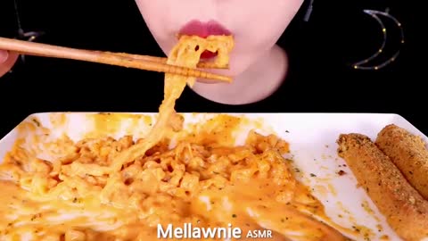 ASMR CHEESY CARBO FIRE NOODLE, MOZZARELLA CHEESE STICKS EATING SOUNDS MUKBANG