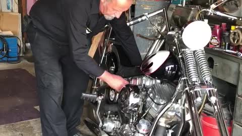 Hand Starting a '57 Harley Panhead Motorcycle