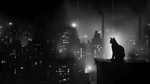 Dreamy Film Noir Cat 🐈‍⬛ On Rooftop in the Rain 🌧️ | Asmr Animal Ambience For Relaxation | Sleep