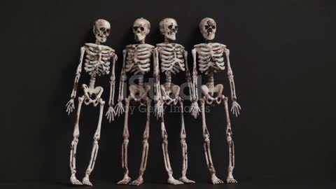 Skeletons on a black background swing together and fall