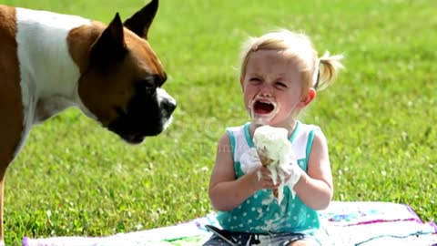 Boxer dog, little girl and ice cream #dog #babygirl #babyanddog