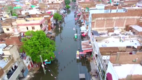 Drone footage shows submerged houses in Pakistan