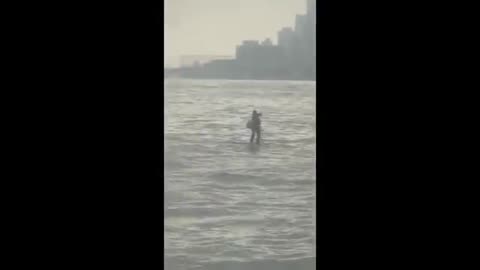 Man Dressed in Suit Paddle Boards Across the Hudson River