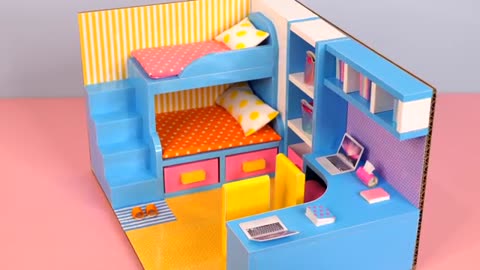 DIY Miniature Cardboard House #42 bedroom for two girls, PINK and BLUE