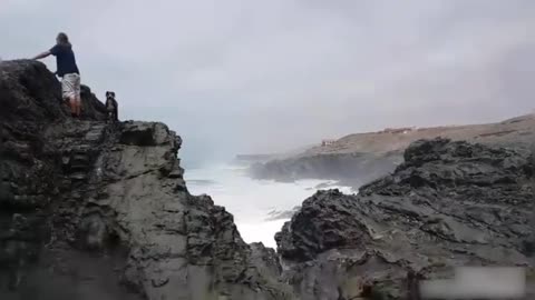 Guy Standing on top of Seaside Cliff With Pet Dog Gets Washed Over by Huge Wave
