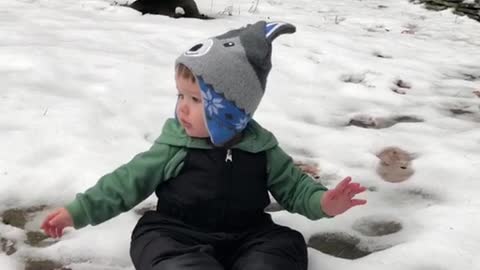 golden puppy helping toddler