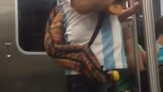 Man plays pan flute and ukulele on subway train