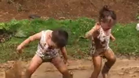 Funny Moments While Playing In The Mud. Happy and Joyful Childhood.