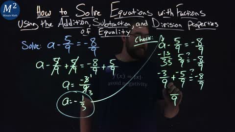 How to Solve Equations with Fractions Using the Addition Property of Equality | a-5/9= -8/9