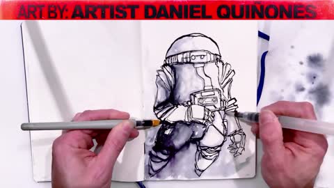 Real Time Pen & Ink, water brush two handed drawing of an astronaut without picking up my hands.