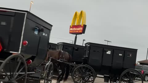 Group of Amish Buggies Parked at McDonald's