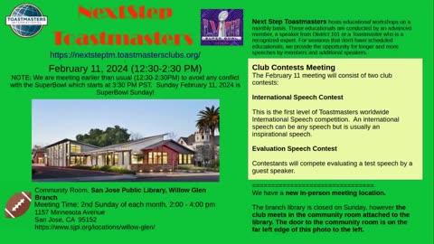 Next Step Toastmasters February 11, 2024 Meeting