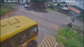 A SCHOOL BUS CARRYING CHILDREN WAS HIT BY A TRAIN IN BRAZIL.