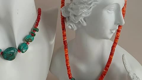 Natural turquoise heishi beads red spiny oyster necklace roundle beads orange spiny oyster choker 02