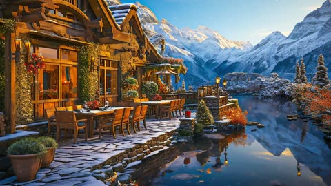 Cozy Outdoor Winter Coffee Shop Ambience & Smooth Jazz Piano Music, Gentle Background Music