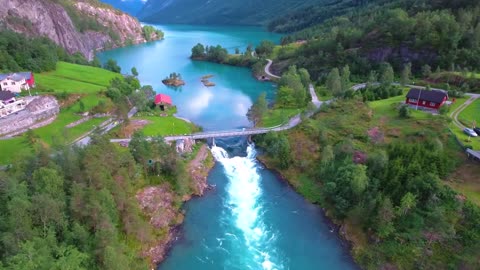 beautiful nature norway natural landscape aerial footage lovatnet lake