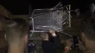 Man tries to throw shopping cart over wall and it lands on head