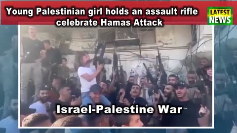 Young Palestinian girl holds an assault rifle aloft and celebrate Hamas Attack on Israel