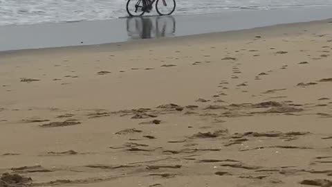 Person riding bike through beach wet sand
