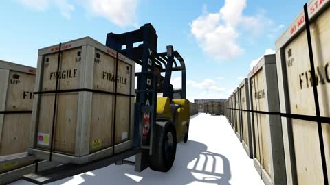 Fork crane moving a wooden box through a box aisle