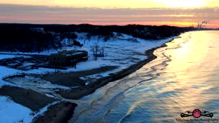 Winter Sunset At Indiana Dunes State Park With the Start of Shelf Ice
