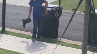 Brother throws a boot at sister