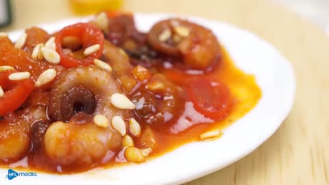 Korean style_ Miniature Spicy Stir Fried Octopus Recipe _ ASMR Cooking Mini Food