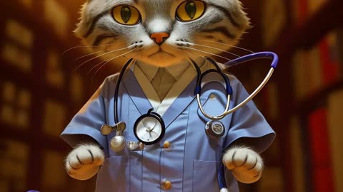 3D animation. Futuristic Video: A cat doctor transforms into a robot!