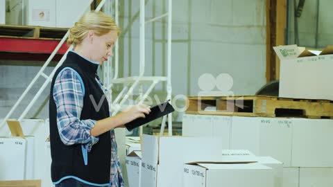 A Woman With A Tablet Holds Inventory In A Warehouse-A woman with a tablet holds inventory in a ware