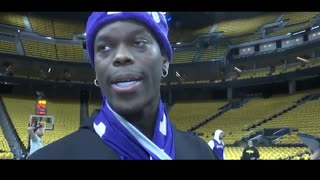 Jarred Vanderbilt and Dennis Schröder talk about the challenges of guarding Steph Curry,