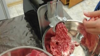 We cook meat through a meat grinder.