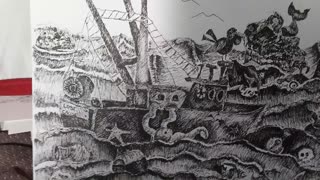 Black pen folk art of a fishing boat