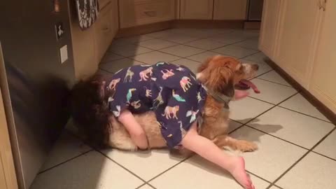 Caring Girl Comforts Fearful Dog Scared Of Thunderstorms