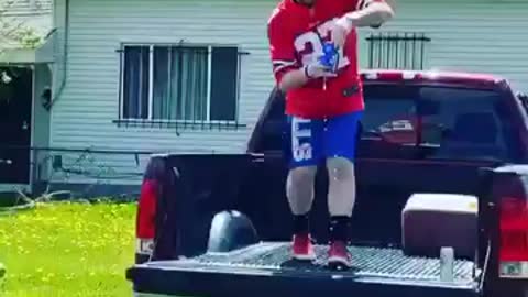 Bills Mafia baby gender reveal involves jumping through a table