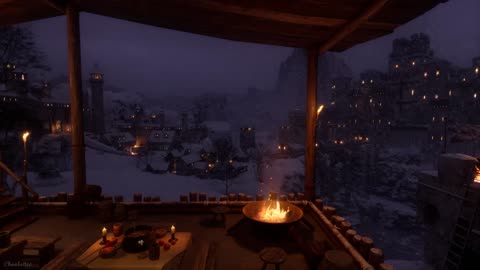 Fantasy Medieval Winter Night Ambience - Blizzard, Crackling Fire, Owl, Calming Nature Sounds