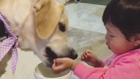 Girl is sharing a meal with a her dog