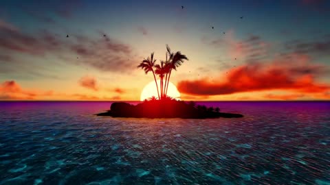 Paradise island in sea during a colorful sunset