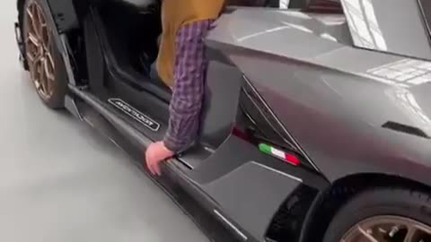 Elderly man struggles to get out of a Lambo.