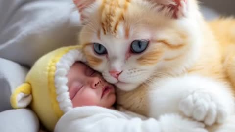 New born baby with Mother cat and kitten