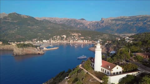 port de soller lighthouse aerial view majorca mediterranean sea