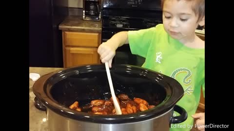 3-year-old helps mom with cooking