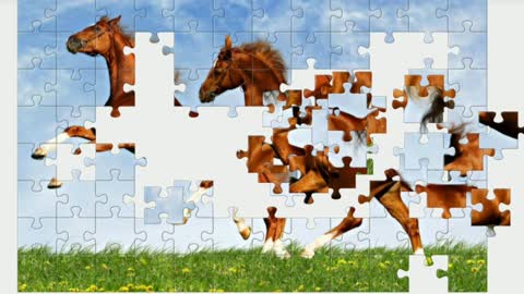 Puzzle. Two red horses. Nature.