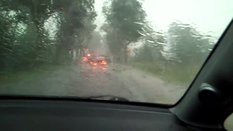 Heavy rain and wind causes trees to fall on the road