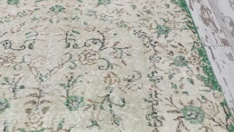 bohemian rug, beige green rug, large oushak rug, vintage turkish rug, 5.9 x 9.5 ft VT 3355