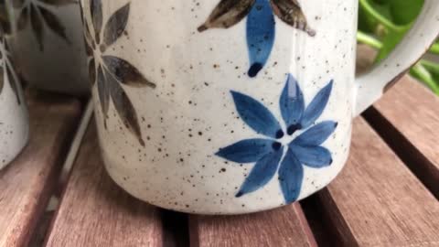 MCM Otagiri Mug Set of 4, Japan Speckled Stoneware, Handpainted Blue Flower Mug