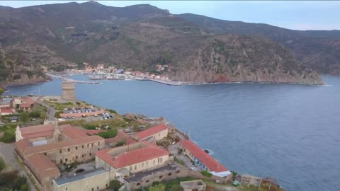 aerial view of the small marina of capraia island tuscan archipelago italy