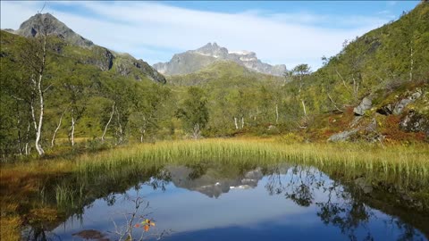 mountain reflection in a lake at moysalen national park norway