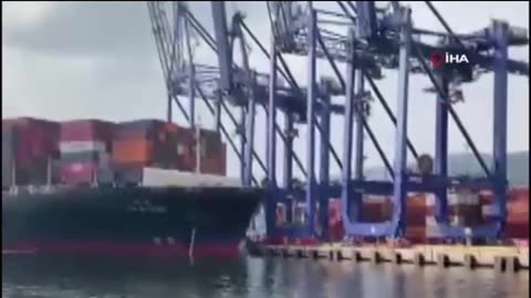 A container ship accidentally toppled three giant cranes in Turkey