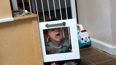 Toddler makes funny squished faces against a window