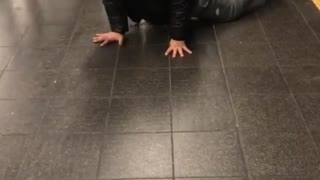 Man black jacket dancing on floor